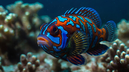 Swimming Mandarin Fish with Vibrant Colors in Coral Reef Habitat