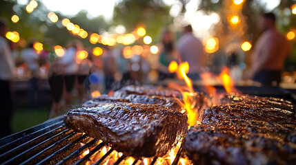 Grilled Steaks on Barbecue with Blurred Outdoor Party Background – BBQ Concept