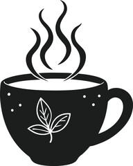 Steaming Tea Cup Silhouette with Leaf Design – Elegant Herbal Beverage Vector