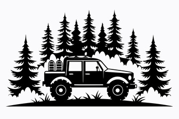 an off road car pine trees line art silhouette vector illustration © Pinak