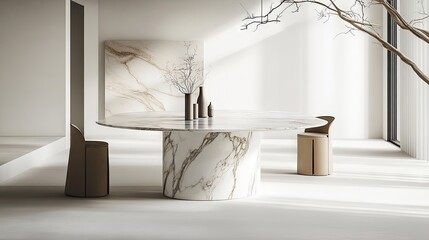 A stylish dining area featuring an oval marble table and rounded chairs.