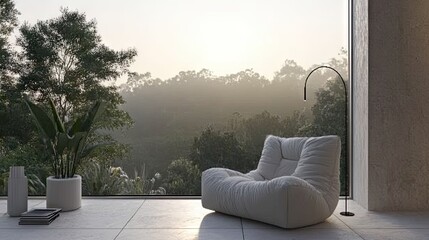 A stylish reading nook with a curved armchair and an arched floor lamp.