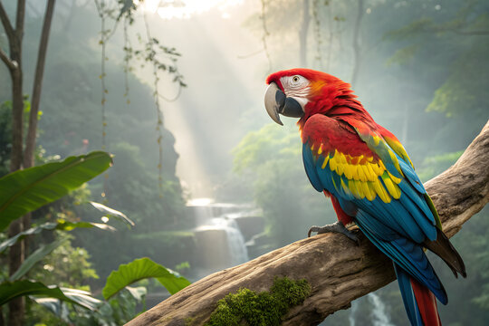 A vibrant and majestic parrot perched on a tree branch