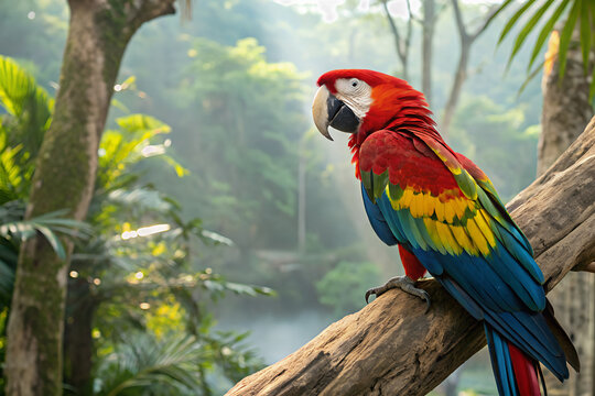 A vibrant and majestic parrot perched on a tree branch