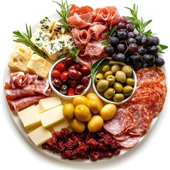 A delicious gourmet charcuterie board features assorted cheeses, cured meats, olives, grapes, and berries arranged artistically on a white platter.
