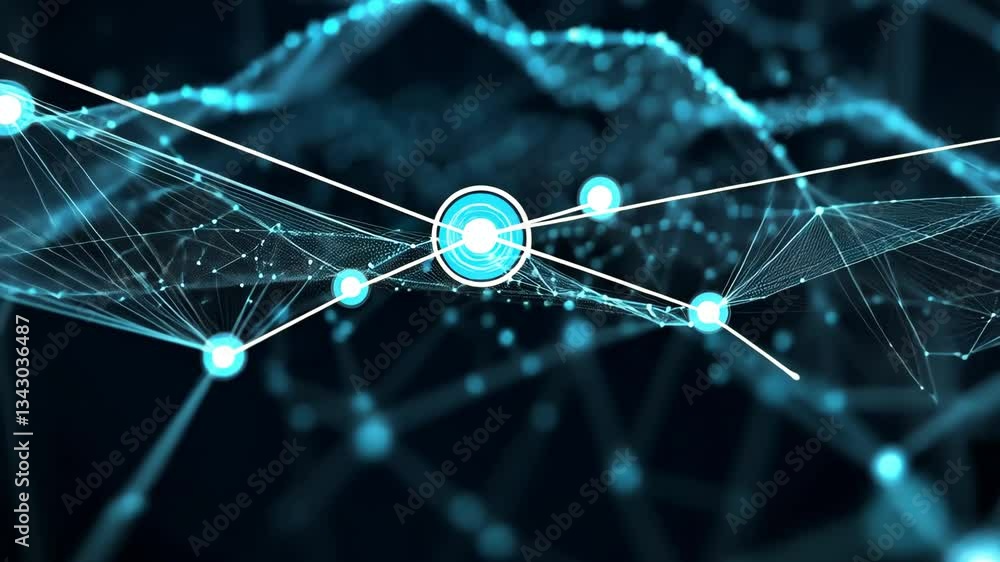 Poster abstract network with blue glowing nodes and a central circle on a dark background space