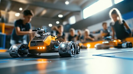 A vibrant scene of children engaged in a robotics workshop, enthusiastically controlling miniature robots on a sleek, modern floor, with peers collaborating in the background