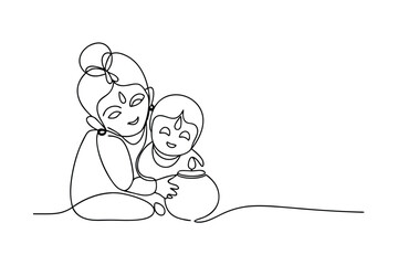 SingleLine Drawing of Yashoda and Baby Krishna with Pot