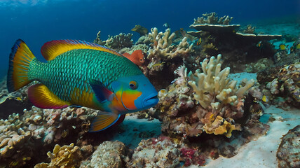 Obraz premium Colorful Parrotfish Swimming Near Coral Reefs in Ocean Water