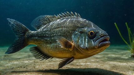 Swimming Barramundi Fish Close-up in Murky Water Habitat