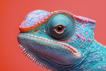 Fototapeta premium Vibrant chameleon portrait, coral background, studio shot, reptile close-up