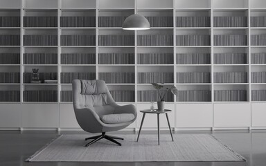 Reading nook with a comfy chair, Modern armchair in a minimalist library