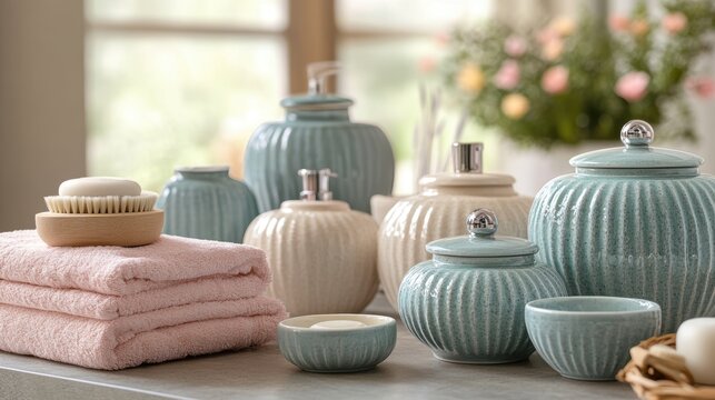 A vibrant collection of bath and skincare accessories, featuring a variety of colors, textures, and shapes, promising a luxurious and pampering experience.