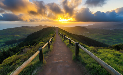 Sunrise landscape of the Azores with wooden path to Pico and scenic lake