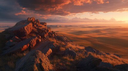 Obraz premium sunset over the mountains,panorama landscape with sun and rocky and desert at sunrise or sunset,for banner wallpaper cover poster,backdrop design with copy space