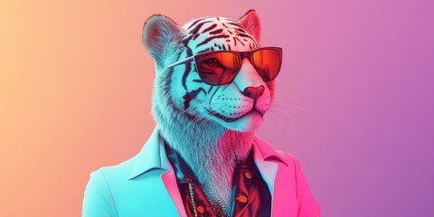 Cool Cat: A stylish tiger, sporting sunglasses and a sharp outfit, exudes confidence and coolness, set against a vibrant, artistic backdrop.