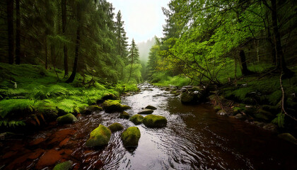 Obraz premium Crystal Clear Stream in a Misty Evergreen Forest, beauty of natural landscape