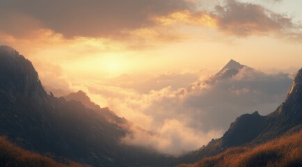 Naklejka premium A breathtaking sunset over mountains and clouds.