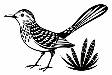 cactus wren line art silhouette vector illustration