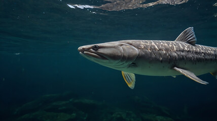 Fototapeta premium Swimming Tiger Muskie Close-up in Deep Water of a Clear River