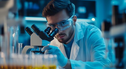 A focused male scientist in a lab coat intently examines a sample using a professional-grade microscope du scientific research.