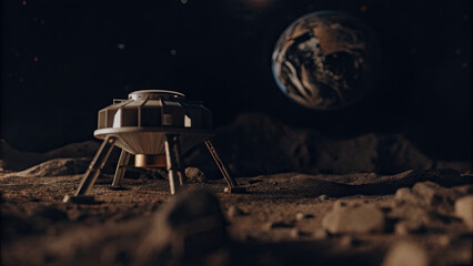 Futuristic moon lander on rocky lunar surface with Earth visible in dark sky, space exploration and lunar mission concept.