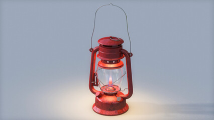 A red vintage oil lamp with a bright glowing flame 3D render.