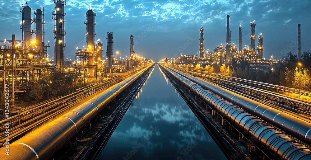 Poster nighttime view of industrial landscape featuring illuminated pipelines and refinery structures refle