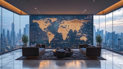 A modern sleek travel agency office space with minimalist furniture, a panoramic view of the city skyline, and a large digital world map as focal points.