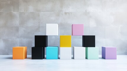 Obraz premium A minimalistic composition featuring stylized blocks representing algorithms, layered over a geometric background. The sharp lines and balanced colors create a sense of order and sophistication,