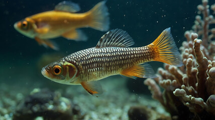 Naklejka premium Swimming Fish with Striped Pattern and Golden Tail in Aquarium Setting