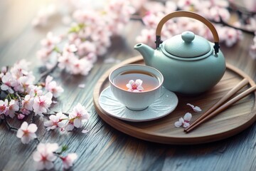 A teapot and tea bowl with white cherry blossoms on a Japanese-style round table