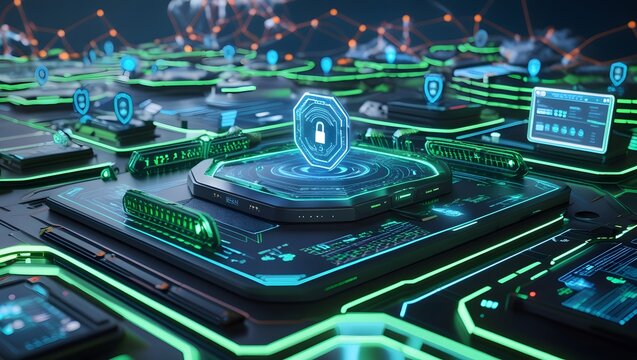 Background 3d, The high-tech interface with green and blue neon elements highlights cyber protection, data encryption, and secure networking