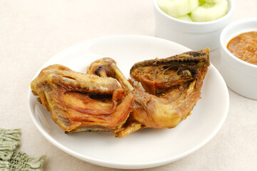 Ayam Goreng or Fried Chicken with sambal and cucumber, Indonesian food
