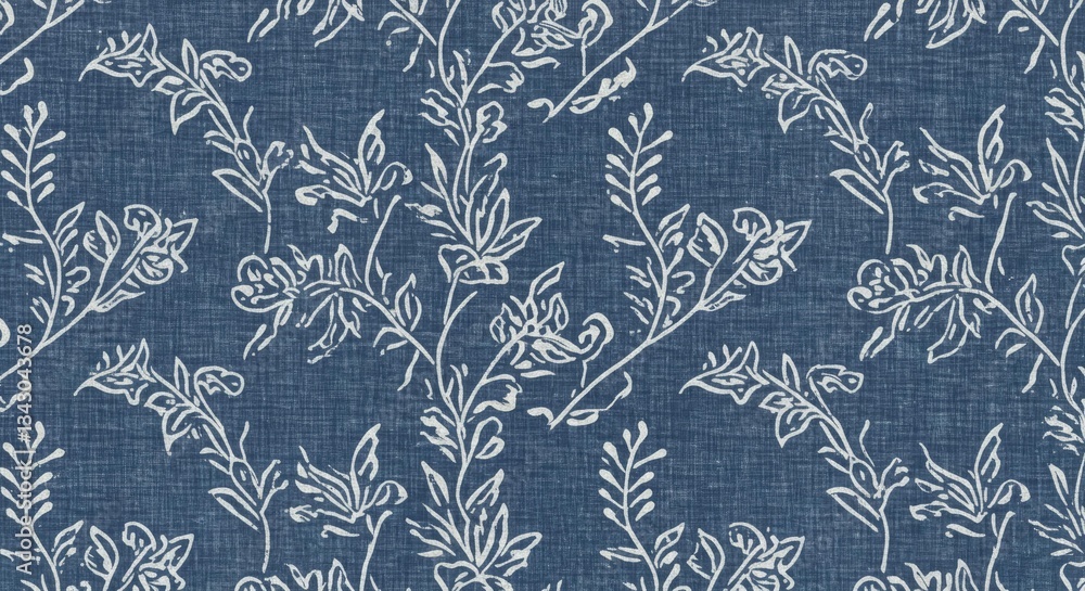 Poster hand-stamped block print with delicate white vine motifs on a rustic indigo base