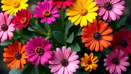 Fototapeta premium Vibrant array of mixed colored flowers in full bloom from top view, vibrant, blooming