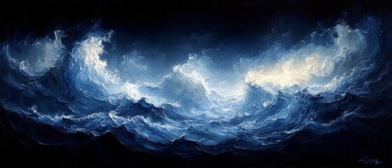 Dramatic Ocean Waves Painting - Dark Blue Seascape Art