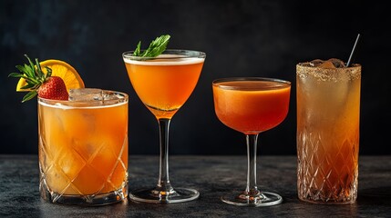 Fototapeta premium Different cocktails or longdrinks garnished with fruits , black background