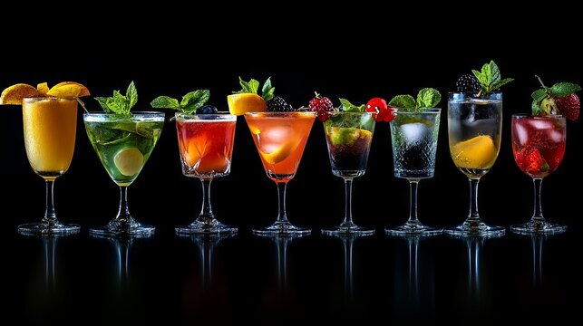 Different cocktails or longdrinks garnished with fruits 