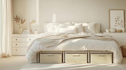 A bright and modern bedroom with under-bed storage boxes in neutral tones, paired with a simple and elegant bedding arrangement