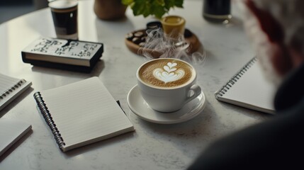 An elegantly designed cafe setting features a person engaged in deep thought, surrounded by notebooks and a steaming cup of coffee. The atmosphere is calm, inviting others to contemplate their
