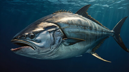 Fototapeta premium Swimming Tuna Fish Underwater in Ocean with Sun Rays Shining Through