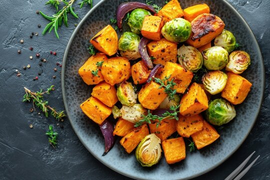 Roasted butternut squash and brussels sprouts on a plate. Food is seasoned with herbs. Dark background. Healthy and vegan meal idea.