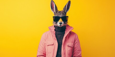 Hipster Kangaroo: A whimsical kangaroo dressed in a stylish pink jacket, trendy sunglasses, and a black turtleneck, posing against a bright yellow backdrop.