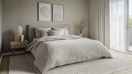 Obraz premium A calming bedroom featuring a light gray bedspread, taupe walls, and a textured rug, complemented by minimalist decor