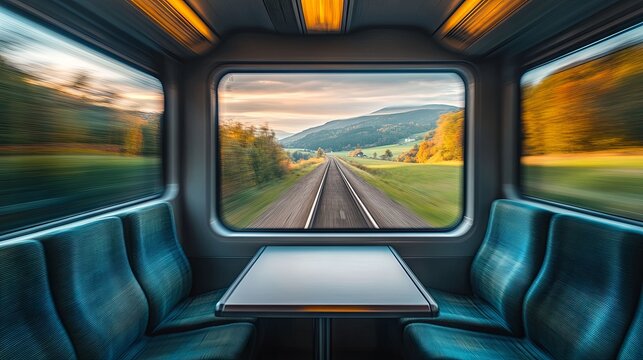 The interior of a fast-moving train with visible seats and a table, while the countryside outside the window is blurred