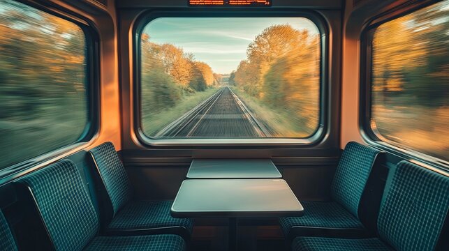The interior of a fast-moving train with visible seats and a table, while the countryside outside the window is blurred