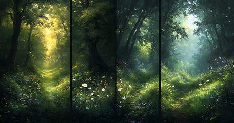 Serene Forest Path with Flowers and Dappled Light in Four Panels