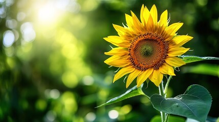 a vibrant blooming sunflower with golden petals, surrounded by soft green leaves, bathed in warm sunlight, with a blurred spring meadow background, evoking a fresh and hopeful atmosphere for Youth Day
