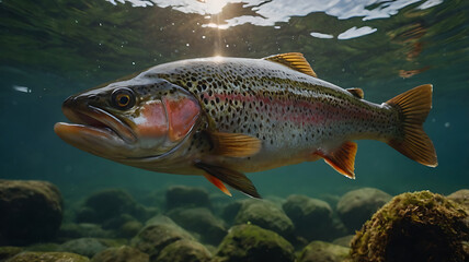 Naklejka premium Swimming Rainbow Trout Underwater with Light Rays and Rocky Riverbed